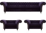 Soggiorno Di Lusso Set 3 Pezzi Arredamento Viola Completo Mobili Imbottiti Chesterfield