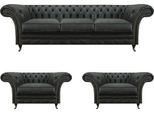 Set Da Salotto Nero Di Lusso 3 Pezzi Chesterfield 2X Poltrona Divano A Tre Posti
