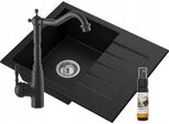 Granitan | Retro Küchenarmatur + Granit Spüle + Schwarz - Hochwertig - Mit Syfon und Pflegeprodukt