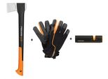Set Da Giardino Nohel Fiskars Ascia Media X17 + Affilatrice + Guanti 3 Pz