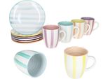 Beach Pastello Stripes Set Da 12 Pezzi Per La Colazione Piatti Mugs Gres Pastello