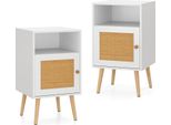 Costway Comodino In Rattan Con Vano Portaoggetti, Comodino Con Ripiano Aperto E Anta In Rattan Pe, Gambe In Legno Massiccio, Tavolino In Stile Rustico Bianco