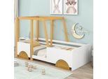 Letto Per Bambini Merax 90X200Cm Con Rete A Doghe E Protezione Anticaduta, Letto Per Auto, Letto Per Jeep Con Ruote, Letto In Legno Di Pino, Letto Per Ragazzi, Bianco E Naturale