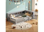 Letto Da Terra Per Bambini Flieks 90X200Cm Con Usb E Porta, Letto Singolo In Legno Letto Da Giorno Per Bambini Con Ripiano, Letto Classico Per Bambini Con Protezione Anticaduta, Grigio