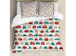 Abakuhaus Copripiumino Autos, Spielzeit Kids Doodle, Antiacaro, Adatto A Chi Soffre Di Allergie, Con Federe, 200 Cm X 200 Cm - 80 X 80 Cm, Teal Scarlet Tan