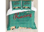 Abakuhaus Copripiumino Autos, Stile Vintage Automobil, Antiacaro, Adatto A Chi Soffre Di Allergie, Con Federe, 200 Cm X 200 Cm - 80 X 80 Cm, Color Verde Acqua Rubino-Crema
