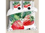 Abakuhaus Copripiumino Acquerello, Appetitose Fragole, Antiacaro, Adatto A Chi Soffre Di Allergie, Con Federe, 155 Cm X 220 Cm - 80 X 80 Cm, Verde Felce Rosso