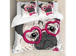 Abakuhaus Copripiumino Mops, Cane Con Cuore Occhiali Fiocco, Antiacaro, Adatto A Chi Soffre Di Allergie, Con Federe, 155 Cm X 220 Cm - 80 X 80 Cm, Rosa, Grigio, Bianco