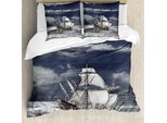 Abakuhaus Copripiumino Paesaggio, Nave Pirata Dei Caraibi, Antiacaro, Adatto A Chi Soffre Di Allergie, Con Federe, 200 Cm X 200 Cm - 80 X 80 Cm, Blu, Grigio, Grigio Chiaro