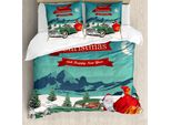 Abakuhaus Set Copripiumino Natalizio Per Letti Matrimoniali, Babbo Natale In Auto D'epoca, Antiacaro, Adatto A Chi Soffre Di Allergie, Con Federe, Rosso Teal