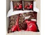 Abakuhaus Set Copripiumino Per Letto Matrimoniale, Scooter Retrò, Antiacaro, Adatto A Chi Soffre Di Allergie, Con Federe, Marrone Umbra E Rosso Cinabro