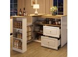 Tavolo Da Bar Flieks Girevole A 360°, Tavolo Da Bar Allungabile Con Credenza, Tavolo Da Pranzo 138-204X39X104 Cm, Mobile Con Anta In Vetro E Cassetti, Bianco