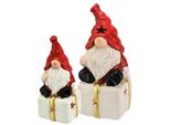 Dekofigur I.Ge.A. "Wichtel Auf Geschenk", Rot (Weiß, Rot), B:6Cm H:13Cm, Terrakotta, Dekofiguren, Mit Led 2Er Set Weihnachtsdeko Kunstfigur Deko Statue Skulptur