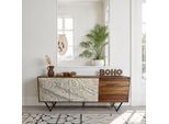 Wohnling Credenza 175X71X40 Cm Cassettiera In Legno Massiccio Di Sheesham Con Effetto Pietra Bianco Cassettiera Alta Mobile Da Terra Moderno Con 2 Ante E 3 Cassetti