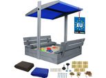 Kotarbau® Sabbiera Con Copertura 100 X 100 Cm Grande Sabbiera In Legno Grigio Con Tetto Blu Sabbiera Con Copertura Sabbiera Con Tetto Gioco Da Giardino Per Bambini Impregnato Con Chiusura A Chiave Con Panchine