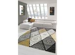 Tappeto Moderno Tappeto Soggiorno Diamanti Con Ornamenti In Grigio Senape Giallo Crema Dimensioni - 160 X 230 Cm