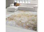 Tappeto Di Design - Runner - Tappeto Moderno A Pelo Corto Con Taglio Sagomato A Quadri In Grigio Senape Giallo Crema Dimensioni - 80 X 300 Cm