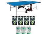 Tischtennisplatte Outdoor blau + Netz + Tischtennisschläger + Tischtennisbälle