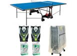 Tischtennisplatte Outdoor blau + Tischtennischläger + Bälle + Abdeckhülle + Netz
