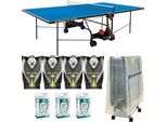 Tischtennisplatte Outdoor blau + Tischtennischläger + Bälle + Abdeckhülle + Netz