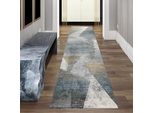 Tappeto Moderno Da Salotto Motivo Astratto A Righe Multicolore Grigio Blu Oro - Facile Da Pulire Dimensioni - 80 X 300 Cm
