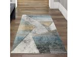 Tappeto Moderno Da Salotto Motivo Astratto A Righe Multicolore Grigio Blu Oro - Facile Da Pulire Dimensioni - 80 X 150 Cm