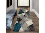 Tappeto Da Salotto Moderno Disegno Astratto Onda Diamante Marmorizzato In Blu Grigio - Facile Da Pulire Dimensioni - 80 X 300 Cm