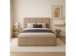Letto Imbottito 140X200 Tessuto Boucle Beige Con Rete A Doghe In Legno E Contenitore