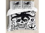 Abakuhaus Set Copripiumino Vintage Nautical Tattoo Per Letti Singoli, Teschi Fumatori Di Pipa, Antiacaro, Adatto A Chi Soffre Di Allergie, Con Federa, 200 Cm X 200 Cm - 80 X 80 Cm, Grigio Antracite E Bianco