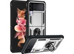 Custodia Per Samsung Galaxy Z Flip 3 5G A Doppio Strato Robusta, Protezione Militare Con Supporto Ad Anello E Supporto Argento
