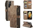 Galaxy S21 Ultra 5G Custodia Per Cellulare, Chiusura A Zip Custodia In Finto Cuoio Flip Cover Chiusura Magnetica Porta Carte Funzione Stand Portafoglio Custodia Protettiva Per Samsung Galaxy S21 Ultra 5G Brown