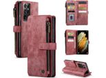 Galaxy S21 Ultra 5G Custodia Per Cellulare, Chiusura A Zip Custodia In Finto Cuoio Flip Cover Chiusura Magnetica Porta Carte Funzione Stand Portafoglio Custodia Protettiva Per Samsung Galaxy S21 Ultra 5G Rosso