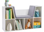 Homcom Scaffale Per Bambini Scaffale Con Sgabello Panca Per Bambini Con 6 Scomparti Cassapanca Con 3 Cuscini Scatola Per Giocattoli A Partire Da 3 Anni Bianco+Grigio 103 X 30 X 62 Cm