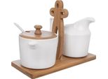Zuccheriera E Lattiera Orion Con Supporto In Legno Set Per Latte E Zucchero 3 Cucchiai.