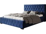 Letto Imbottito Berlin Con Testiera, 120X200 Cm, Letto Matrimoniale Con Rete A Doghe In Metallo, Tessuto Velour, Colore: Blu Scuro