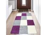 Tappeto Shaggy A Pelo Alto Per Il Soggiorno Con Motivo A Quadri Viola Grigio Crema Dimensioni - 80 X 150 Cm