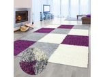 Tappeto Shaggy A Pelo Alto Per Il Soggiorno Con Motivo A Quadri Viola Grigio Crema Dimensioni - 160 X 230 Cm