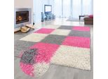 Tappeto Shaggy A Pelo Alto Da Salotto Motivo A Quadri Rosa Grigio Crema Dimensioni - 140 X 200 Cm