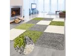 Tappeto Shaggy A Pelo Alto Per Il Salotto Con Motivo A Quadri Verde Grigio Crema Dimensioni - 140 X 200 Cm