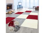 Tappeto Shaggy A Pelo Alto Per Il Soggiorno Con Motivo A Quadri Rosso Grigio Crema Dimensioni - 140 X 200 Cm