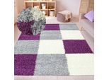 Tappeto Shaggy A Pelo Alto Con Motivo A Quadri Viola Grigio Crema Dimensioni - 160 X 230 Cm