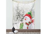 Abakuhaus Tappeto Natalizio, Pupazzo Di Neve In Una Foresta Innevata Composizione A Tema Natalizio Stampa Invernale, Soggiorno Camera Da Letto Tappeto In Raso Setoso, 150 X 200 Cm, Bianco E Rosso