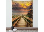 Abakuhaus Arazzo Paesaggistico, Molo Di Legno Sul Mare Tranquillo Spiaggia Idilliaca Con Erbe E Cespugli Al Tramonto Mare, Soggiorno Camera Da Letto Arazzo In Raso Setoso, 150 X 200 Cm, Multicolore