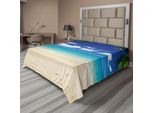 Abakuhaus Lenzuolo Da Viaggio, Isola Soleggiata, Vista Vacanze, Cielo Sereno, Immagine Panoramica Estiva Della Costa, Lenzuolo Morbido E Confortevole Per Un Letto Decorativo, 1 Pezzo, 266 Cm X 260 Cm, Blu Reale, Sabbia, Marrone