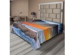 Abakuhaus Galaxis Lenzuolo, Panorama Planetario Da Una Spiaggia Rocciosa Oceano Tema Spaziale, Lenzuolo Morbido E Confortevole Per Un Letto Decorativo 1 Pezzo 244 Cm X 205 Cm, Arancione Terra D'ombra Blu