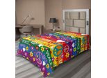 Abakuhaus Fantastico Lenzuolo, Cuore Simbolo Di Pace Fiori Energia Hippie Politico Simpatico Festival Di Colori Allegro, Morbido E Confortevole Lenzuolo Superiore Per Un Letto Decorativo 1 Pezzo 190 Cm X 100 Cm, Multicolore