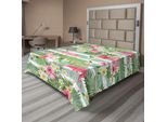 Abakuhaus Lenzuolo Flamingo, Fenicotteri Con Foglie Esotiche Hawaiane Su Sfondo Vintage A Righe, Lenzuolo Morbido E Confortevole Per Un Letto Decorativo 1 Pezzo 275 Cm X 260 Cm, Verde Bianco Rosa
