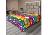 Abakuhaus Fantastico Lenzuolo, Cuore Simbolo Di Pace Fiori Energia Hippie Politico Simpatico Festival Di Colori Allegro, Morbido E Confortevole Lenzuolo Superiore Per Un Letto Decorativo 1 Pezzo 275 Cm X 260 Cm, Multicolore