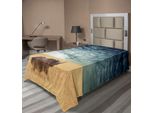 Abakuhaus Lenzuolo Safari, Rinoceronte Rinoceronte Sole Che Splende Attraverso Il Cielo Nuvoloso Prateria Vista Autunnale Immagine, Morbido E Confortevole Lenzuolo Superiore Per Un Letto Decorativo 1 Pezzo 190 Cm X 100 Cm, Blu-Grigio E Senape