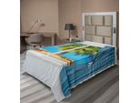 Abakuhaus Lenzuolo Da Letto, Vista Dalla Finestra Con Tenda Tropicale, Raggi Del Sole, Palme, Oceano, Stampa, Morbido E Confortevole Lenzuolo Superiore Per Un Letto Decorativo, 1 Pezzo, 260 Cm X 168 Cm, Blu Verde